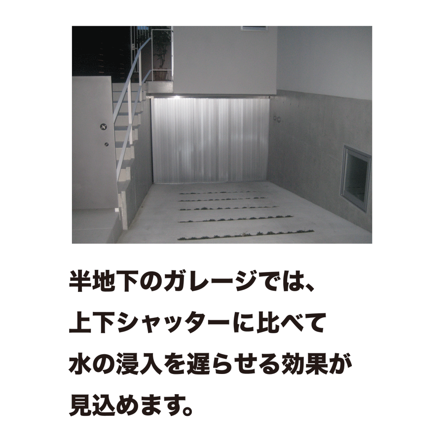 半地下のガレージでは、上下シャッターに比べて水の侵入を遅らせる効果が見込めます。