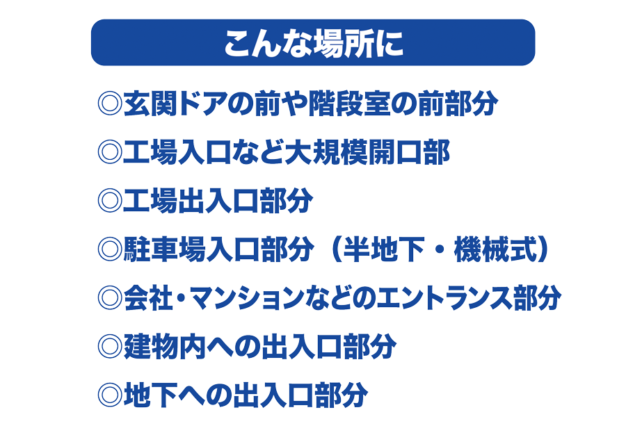 こんな場所に　○玄関ドアの前や階段室の前部分　○工場入口など大規模開口部　○工場出入口部分　○駐車場入口部分（半地下・機械式）　○会社・マンションなどのエントランス部分　○建物内への出入口部分　○地下への出入口部分