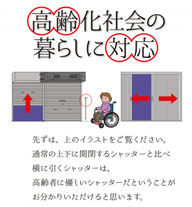 高齢化社会の暮らしに対応する横引きシャッター