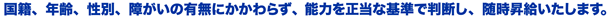 国籍、年齢、性別、障がいの有無にかかわらず、能力を正当な基準で判断し、随時昇給いたします。