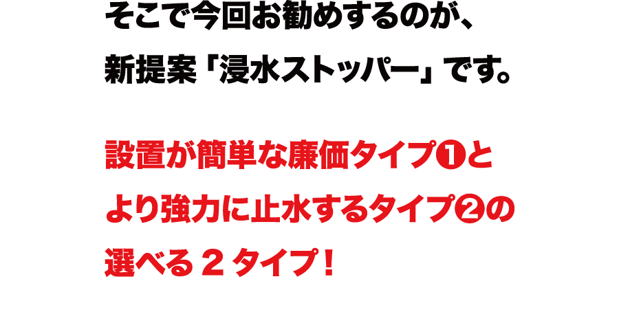 そこで今回お勧めするのが、新提案「浸水ストッパー」です。設置が簡単な廉価タイプ「1」と、より強力に止水するタイプ「2」の選べる2タイプ！