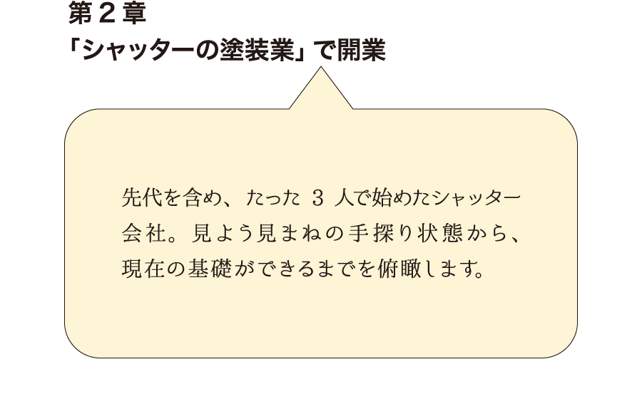 第2章「シャッターの塗装業」で開業　先代を含め、たった3人で始めたシャッター会社。見よう見まねの手探り状態から、現在の基礎ができるまでを俯瞰します。