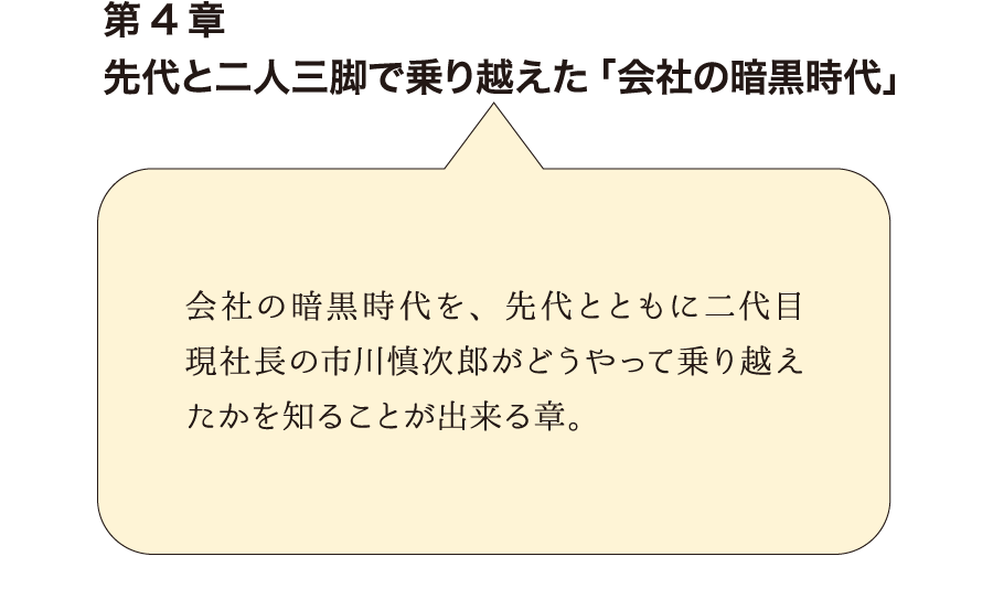 第4章先代と二人三脚で乗り越えた「会社の暗黒時代」　会社の暗黒時代を、先代とともに二代目現社長の市川慎次郎がどうやって乗り越えたかを知ることが出来る章。