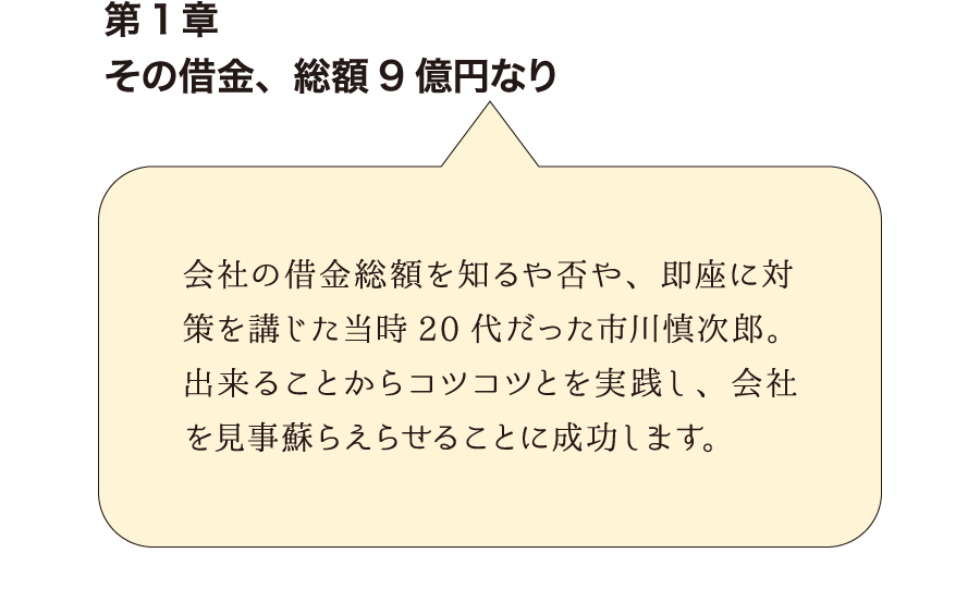 第1章その借金、総額9億円なり　会社の借金総額を知るや否や、即座に対策を講じた当時20代だった市川慎次郎。出来ることからコツコツとを実践し、会社を見事蘇らえらせることに成功します。