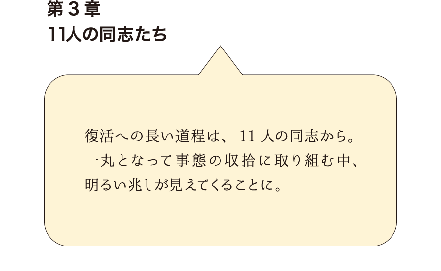 第3章11人の同志たち　復活への長い道程は、11人の同志から。 一丸となって事態の収拾に取り組む中、明るい兆しが見えてくることに。