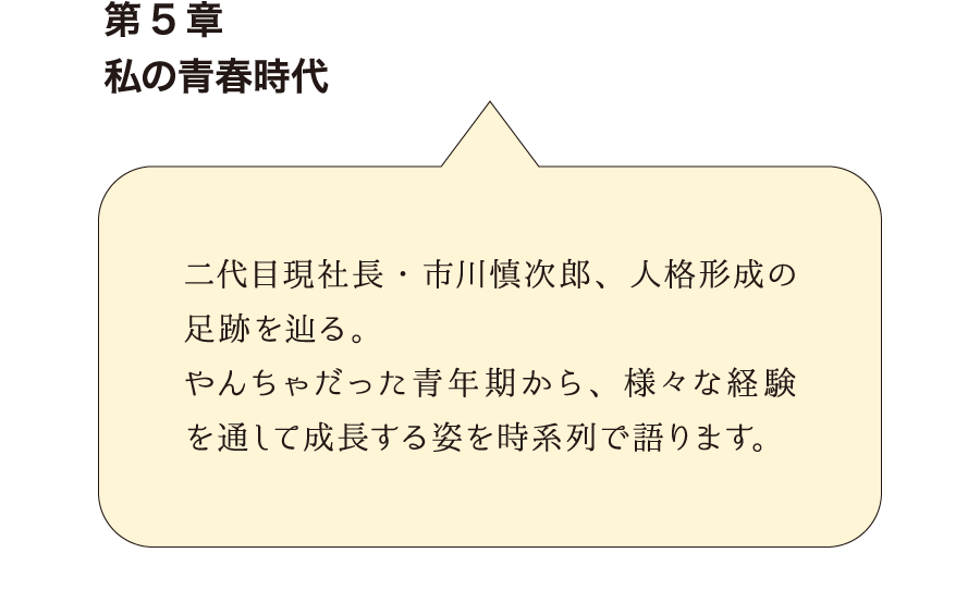 第5章私の青春時代　二代目現社長・市川慎次郎、人格形成の足跡を辿る。やんちゃだった青年期から、様々な経験を通して成長する姿を時系列で語ります。