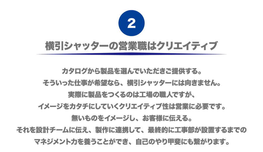 （2）横引シャッターの営業職はクリエイティブ　カタログから製品を選んでいただきご提供する。そういった仕事が希望なら、横引シャッターには向きません。実際に製品をつくるのは工場の職人ですが、イメージをカタチにしていくクリエイティブ性は営業に必要です。無いものをイメージし、お客様に伝える。それを設計チームに伝え、製作に連携して、最終的に工事部が設置するまでのマネジメント力を養うことができ、自己のやり甲斐にも繋がります。